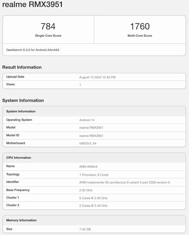 Realme 13 5G'nin Küresel Versiyonu Geekbench'te Görüldü